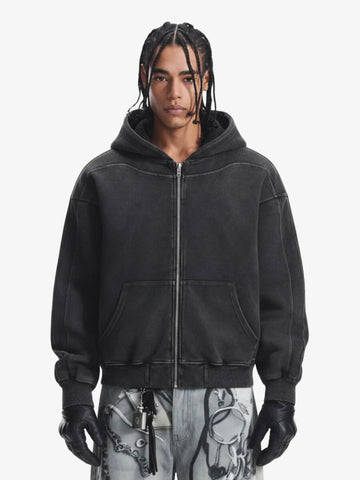 Vintage Washed Panel Construction Zip-Up Hoodie 