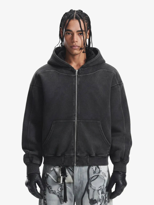 Vintage Washed Panel Construction Zip-Up Hoodie 