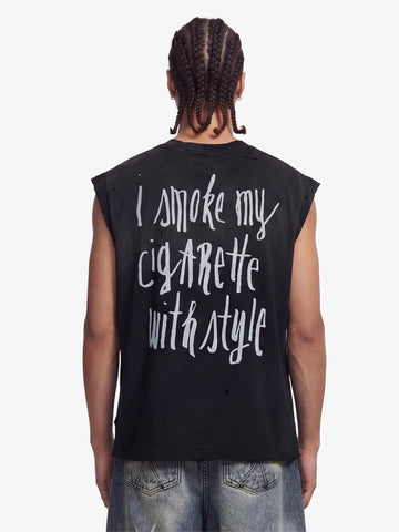 Vintage Distressed Hole Washed Letter Print Sleeveless Knit T-Shirt 