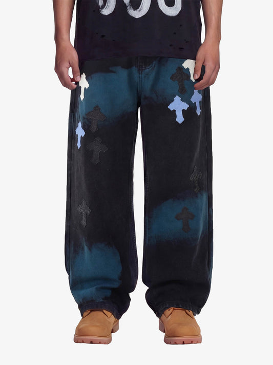 Smoke Fade Wash Cross Patch Baggy Denim Jeans 