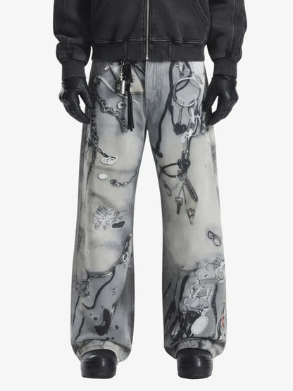 Abstract 3D Digital Print Wide-Leg Jeans 