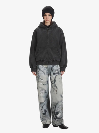 Vintage Washed Panel Construction Zip-Up Hoodie 