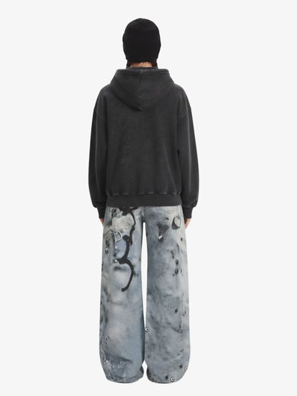 Vintage Washed Panel Construction Zip-Up Hoodie 