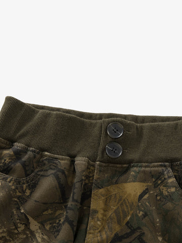 Camo Corduroy Wide-Leg Trousers – Elastic Waist Button Closure Pants