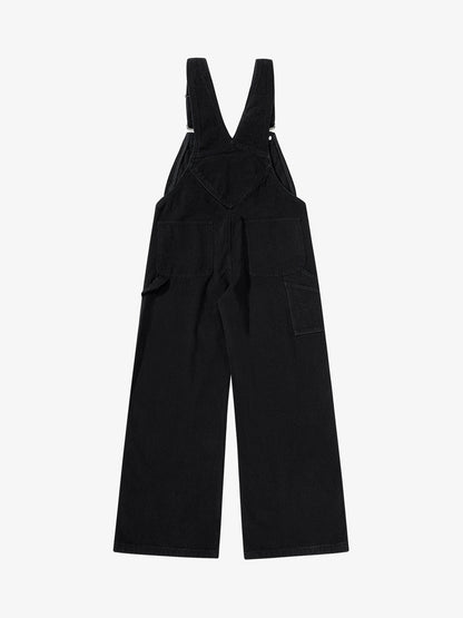 Vintage Contrast Stitch Raw Indigo Denim Wide-Leg Overalls 
