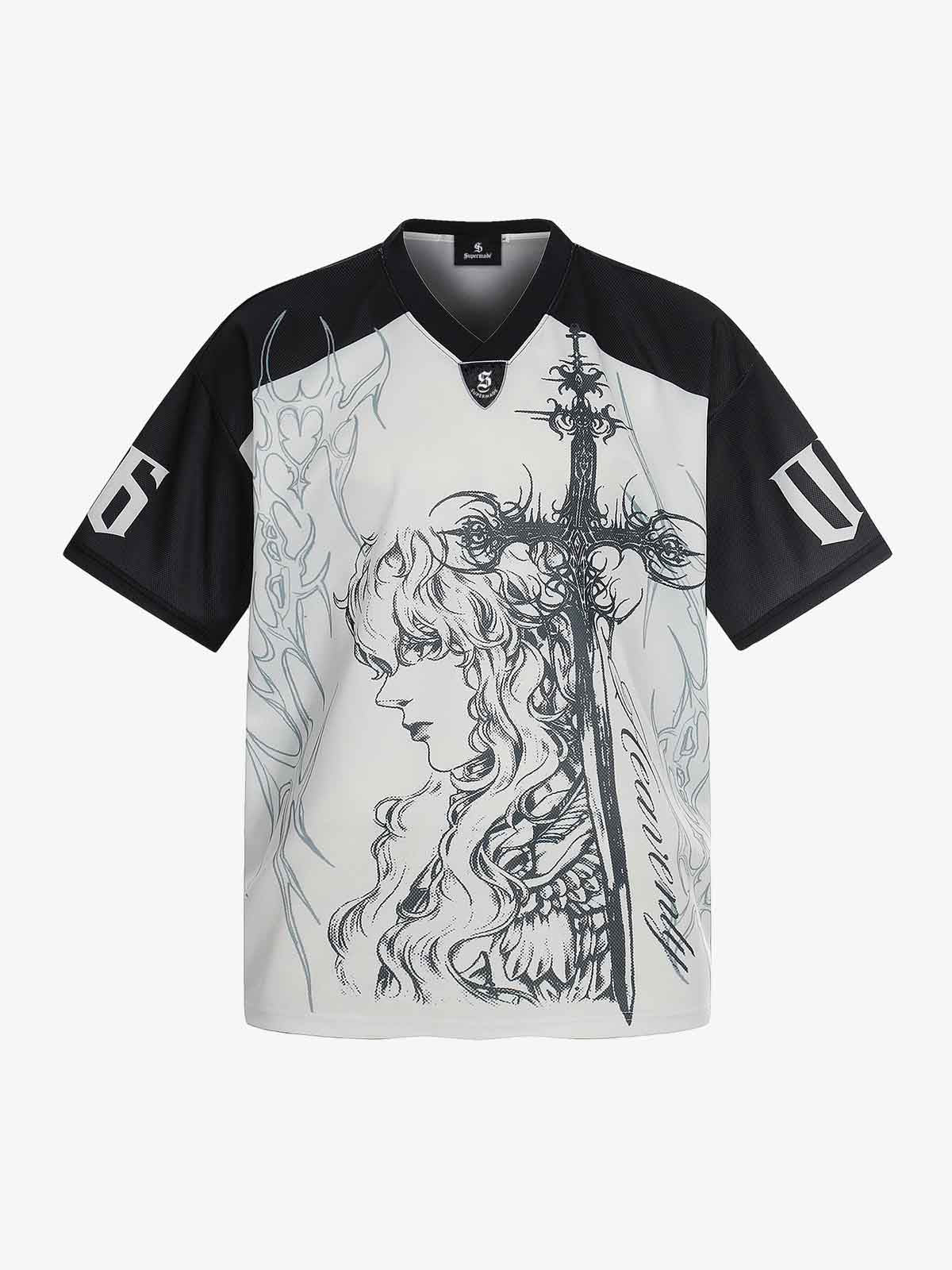 Oversized Mesh Football Jersey Tee – Gothic Number Graphic Sport T-Shirt