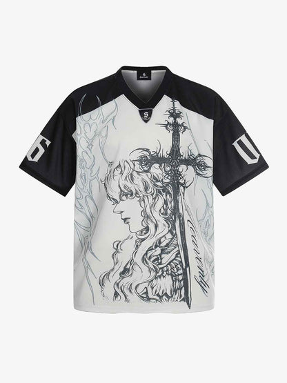 Oversized Mesh Football Jersey Tee – Gothic Number Graphic Sport T-Shirt