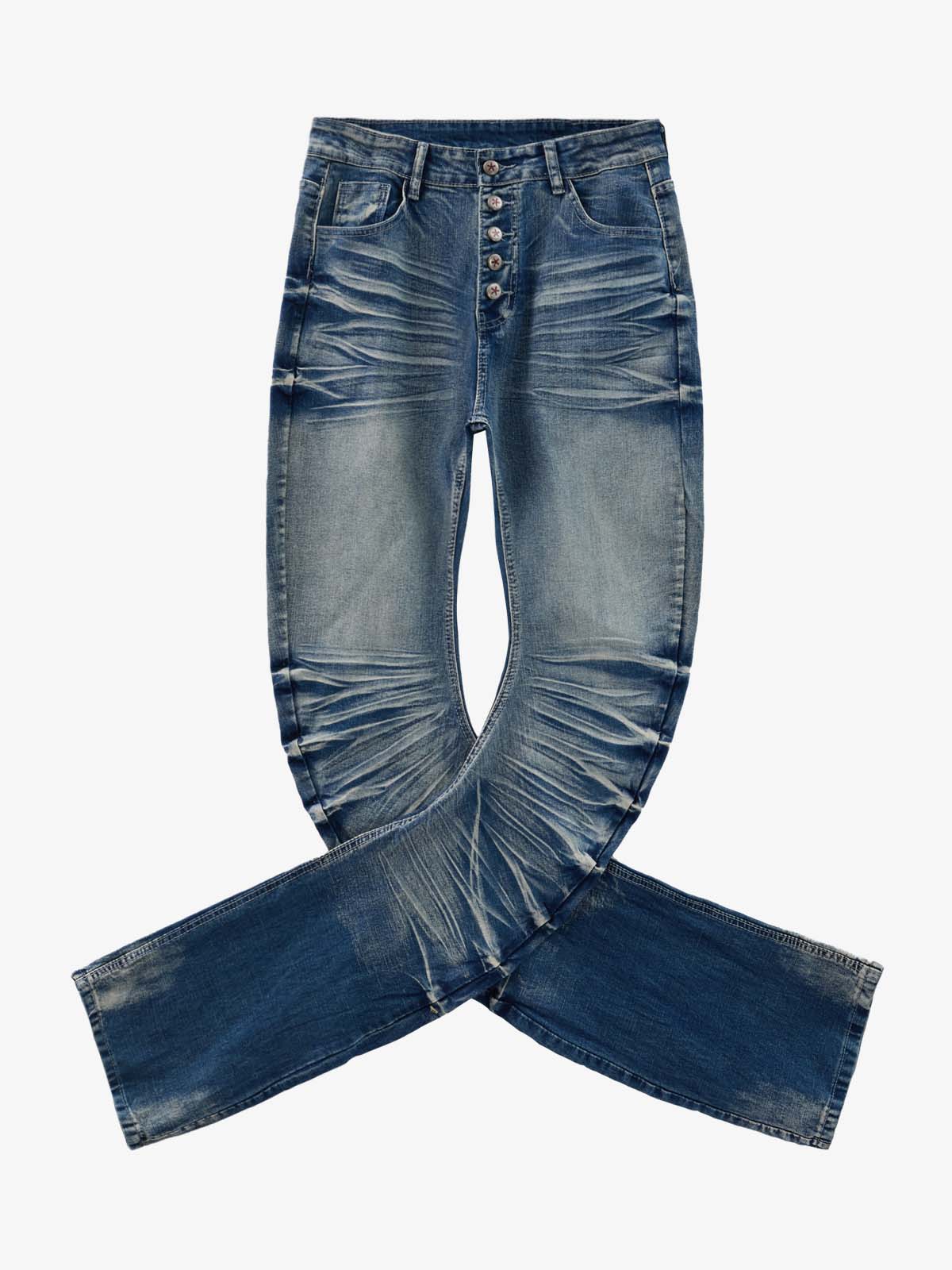 Vintage Distressed Button Fly Ruched Panel Flared Jeans 