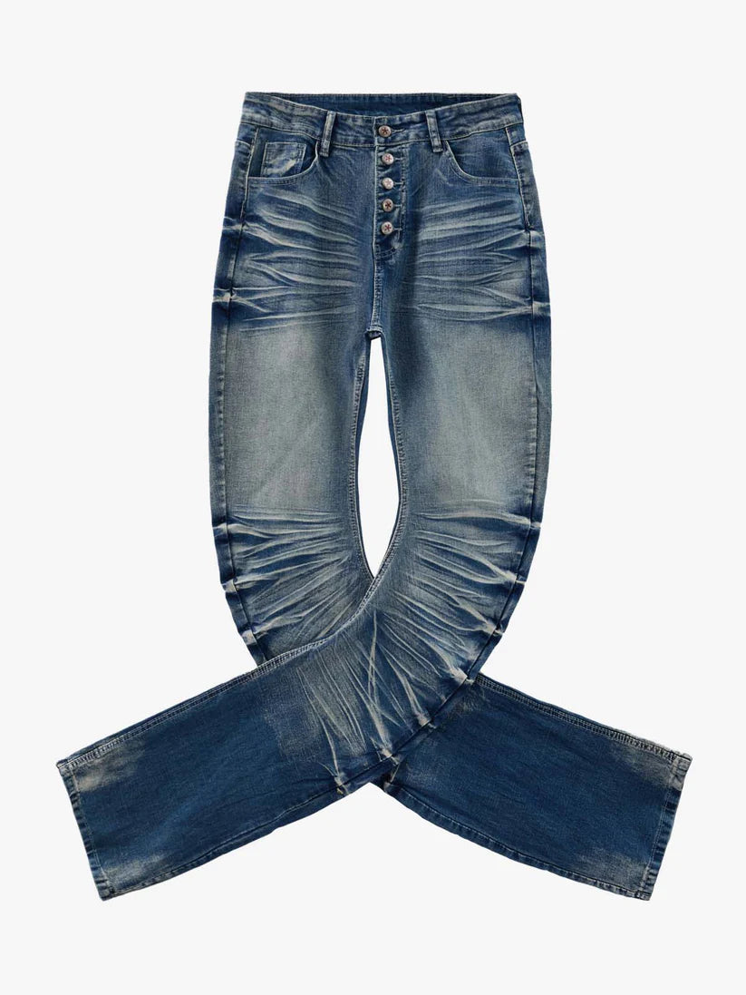 Vintage Distressed Button Fly Ruched Panel Flared Jeans