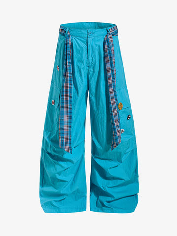 Plaid Straps Badge Cargo Pants