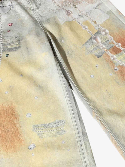 Street Tie-Dye Distressed Chain Detail 3D Printed Jeans 