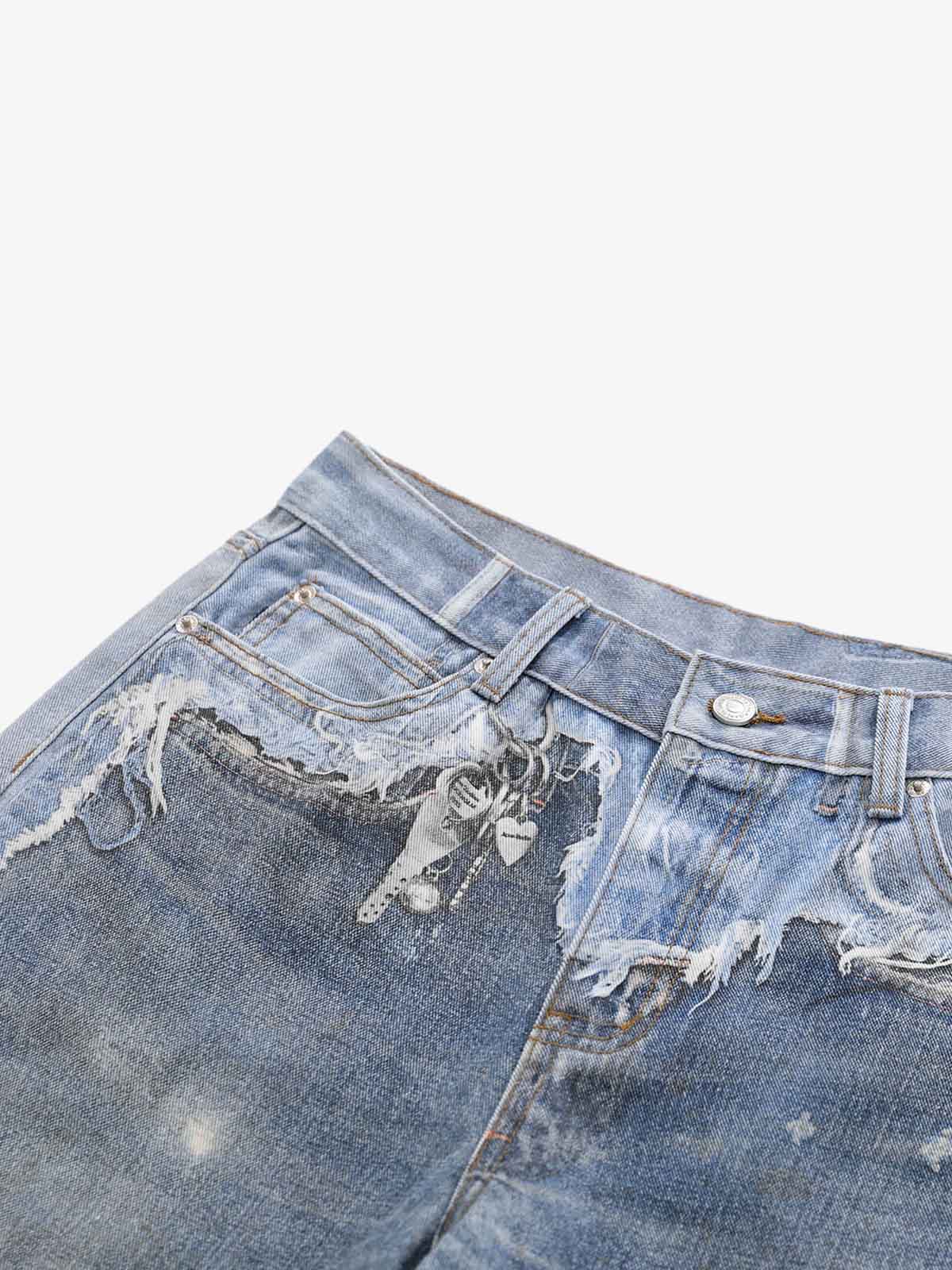 Vintage Distressed Print Wide Leg Jeans