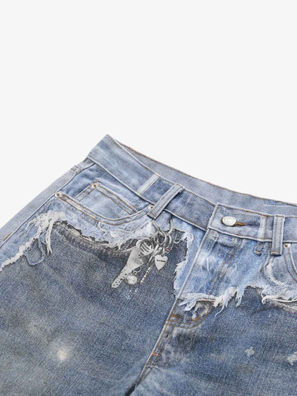 Vintage Distressed Print Wide Leg Jeans