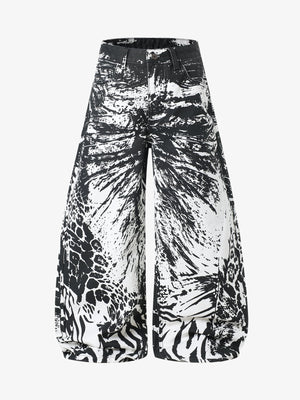 Abstract Print Wide-Leg Trousers – High-Waisted Cotton Blend Pants