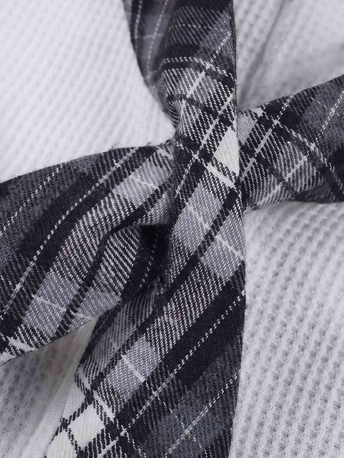 Plaid Scarf Sleeve Waffle Shirt with Letter Embroidery