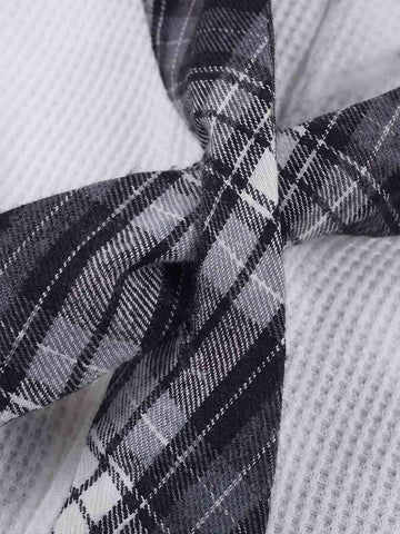 Plaid Scarf Sleeve Waffle Shirt with Letter Embroidery