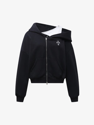 Off-Shoulder Layered Zip-Up Cropped Hoodie