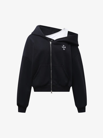 Off-Shoulder Layered Zip-Up Cropped Hoodie