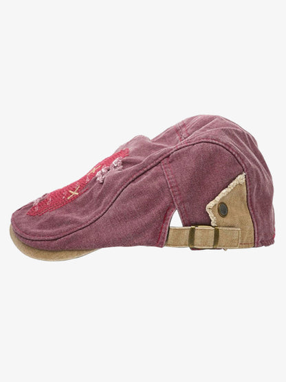 Distressed Patchwork Embroidered Cotton Flat Cap 
