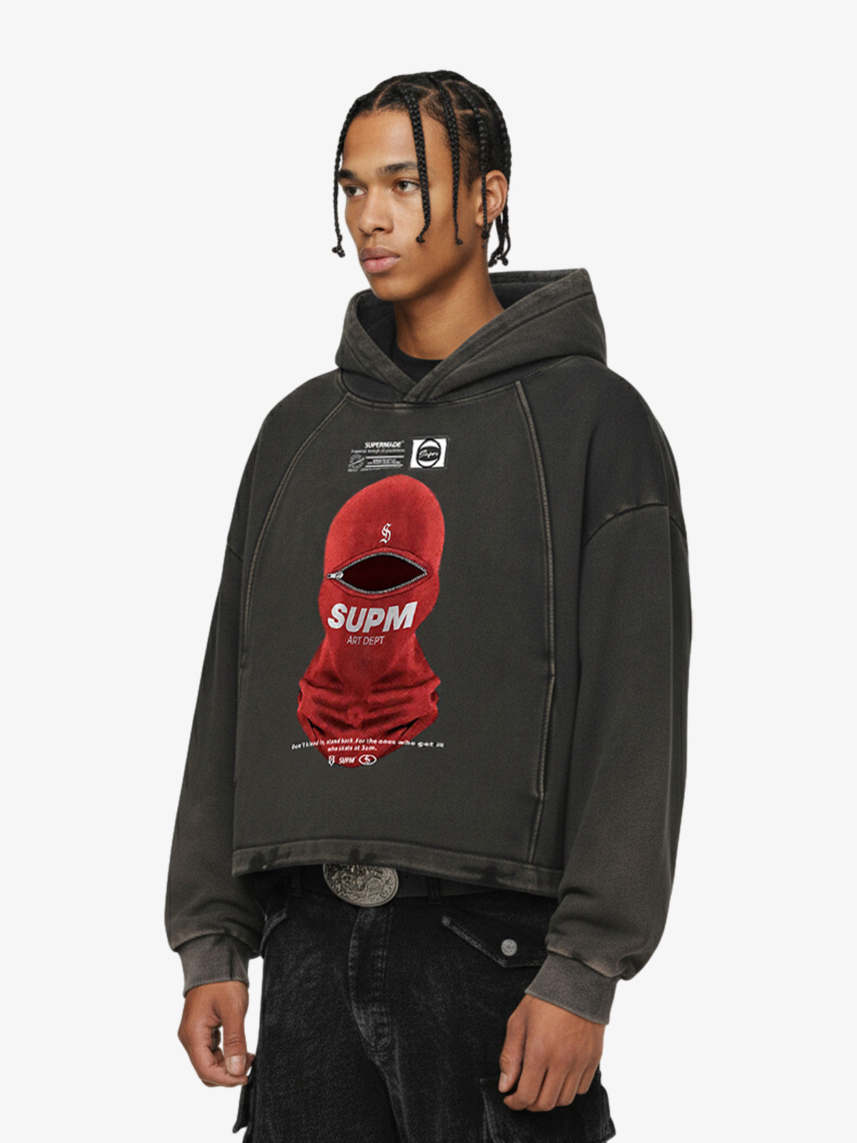 Retro Bandit Hat Graphic Distressed Cropped Hoodie 