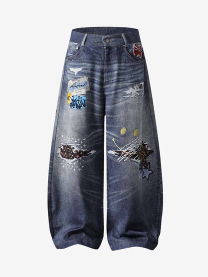 Washed Graffiti Patchwork Print Jeans 
