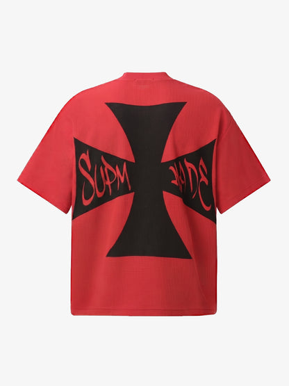 Red Waffle-Knit Cotton Blend Oversized T-Shirt with Bold Iron Cross Graphic Print