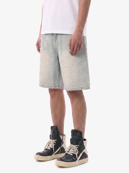 Pearl Embellished Light Wash Denim Shorts