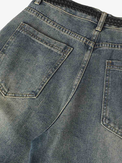 Braided Drawstring Waist Patchwork Cargo Jeans 