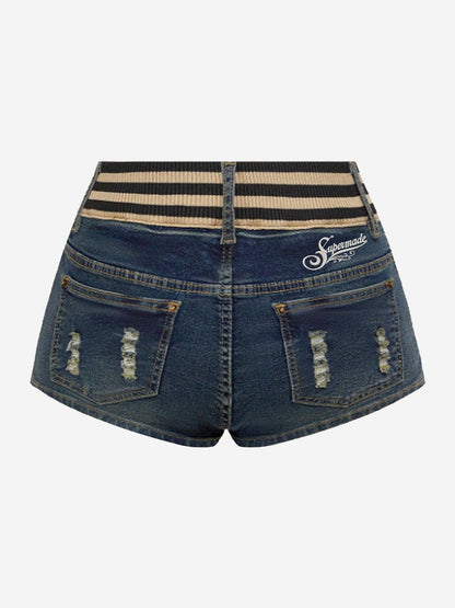 Knit Waistband Ripped Denim Shorts