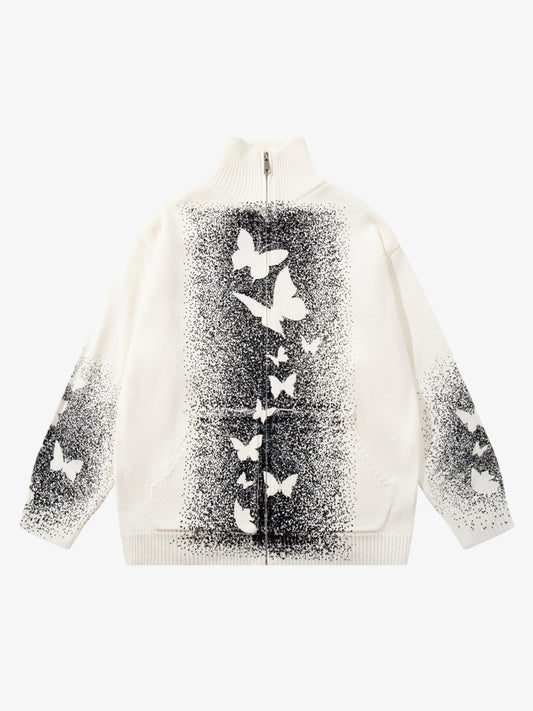 Street Dark Phantom Butterfly Stand-Collar Knit Cardigan Sweater 