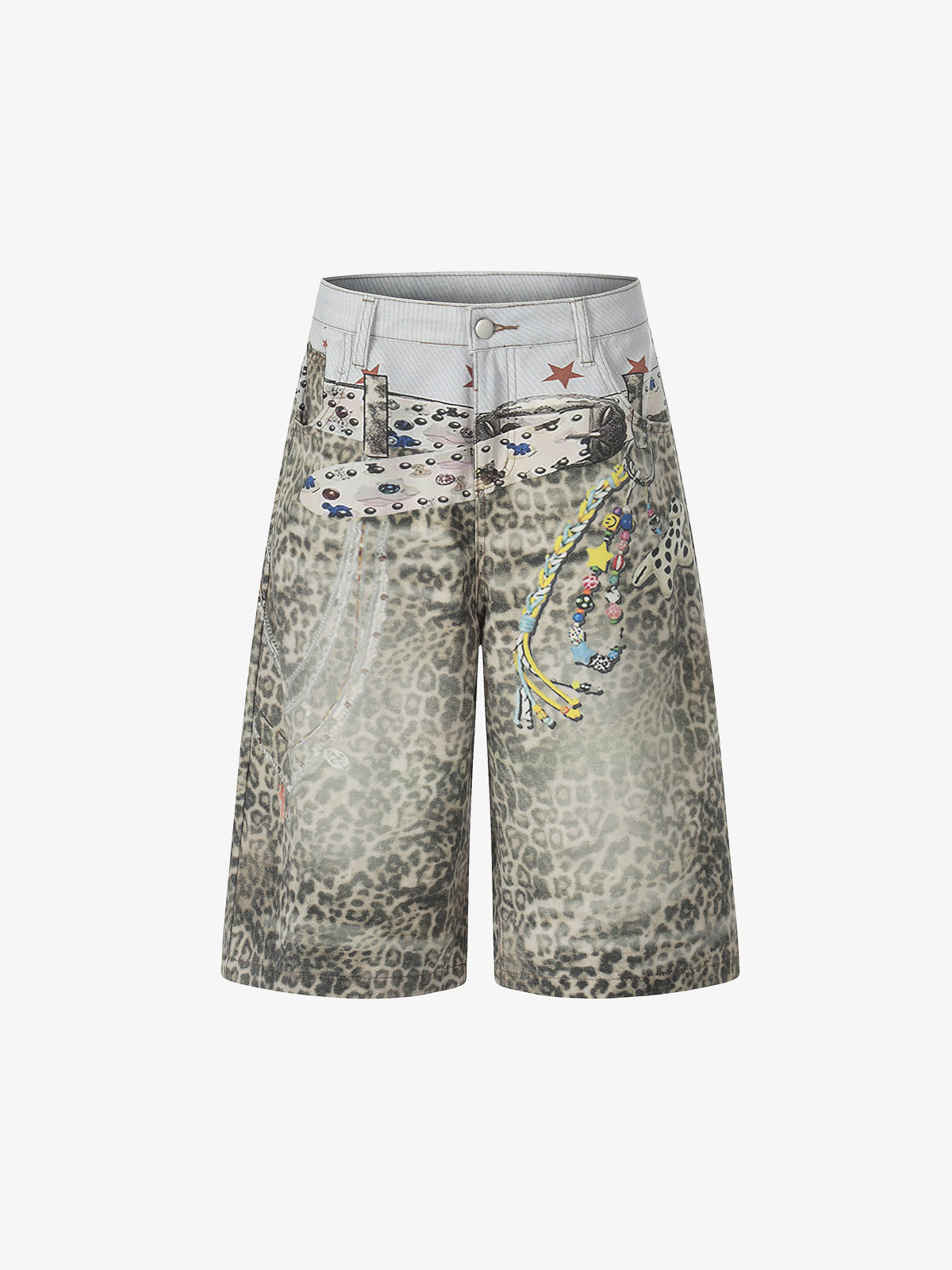 Charm Detail Leopard Denim Shorts