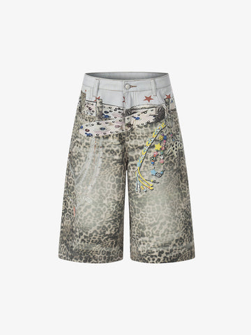 Charm Detail Leopard Denim Shorts