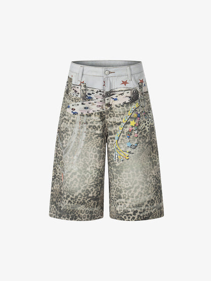 Charm Detail Leopard Denim Shorts