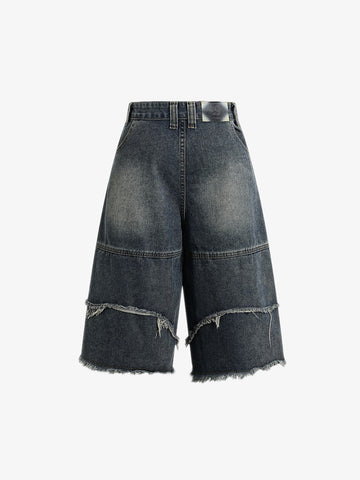 Frayed Layered Paneled Denim Jorts