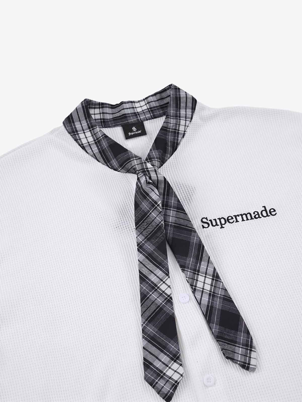 Plaid Scarf Sleeve Waffle Shirt with Letter Embroidery