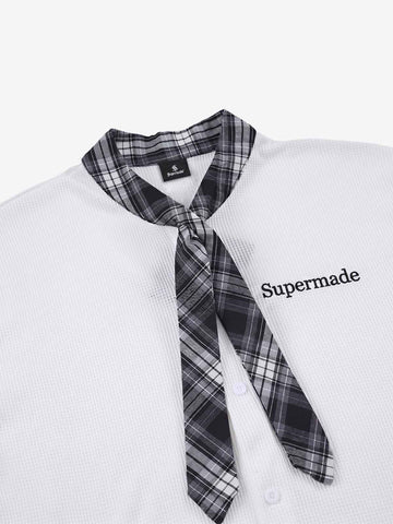 Plaid Scarf Sleeve Waffle Shirt with Letter Embroidery