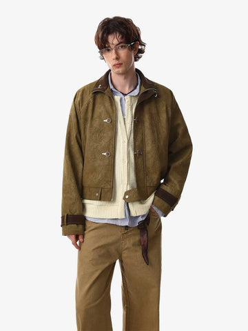 Textured Faux Leather Stand Collar Metal Buckle Jacket 
