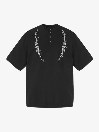 Graphic Floral Knit Henley T-Shirt 