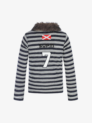 Striped Faux Fur Collar Long Sleeve Tee