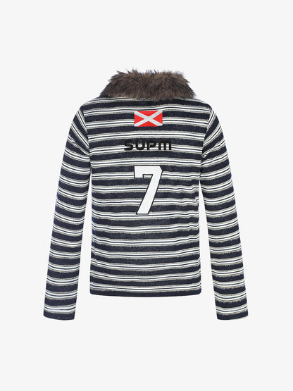 Striped Faux Fur Collar Long Sleeve Tee