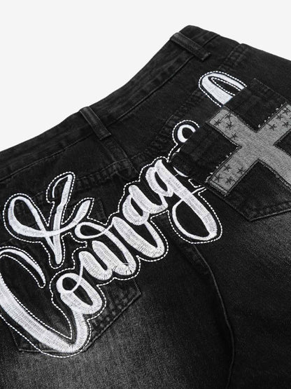 Vintage Embroidered Cross Washed Scimitar Jeans 