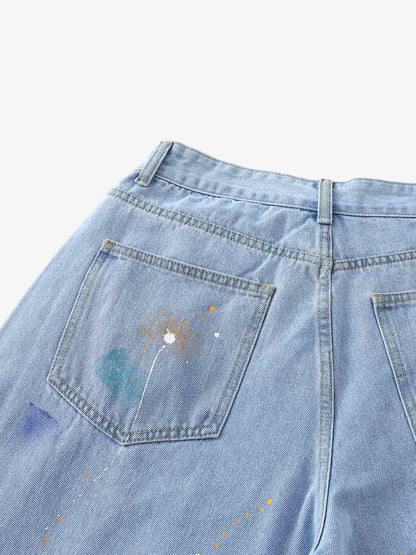 Paint Splatter Denim Wide-Leg Shorts – 100% Cotton Streetwear