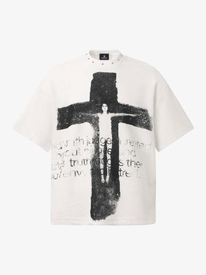 Studded Collar Cross Print Waffle T-Shirt