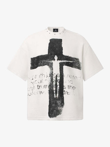 Studded Collar Cross Print Waffle T-Shirt