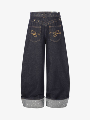 Thesupermade Raw Denim Rhinestone Turn-up Baggy Jeans