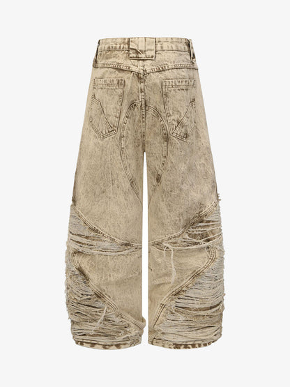Distressed Raw-Edge Panel Sculpted Wide-Leg Jeans - 2590 