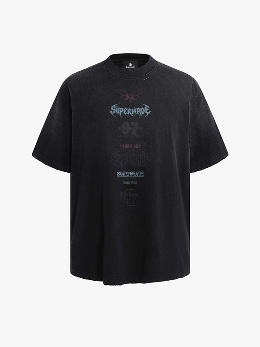 Vintage Washed Distressed Multi Logo Print T-Shirt 