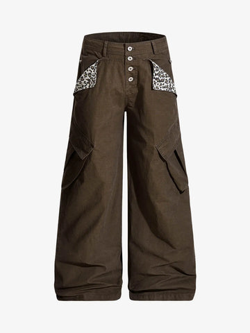 Vintage Patchwork Leopard Pocket Wide Leg Cargo Pants 