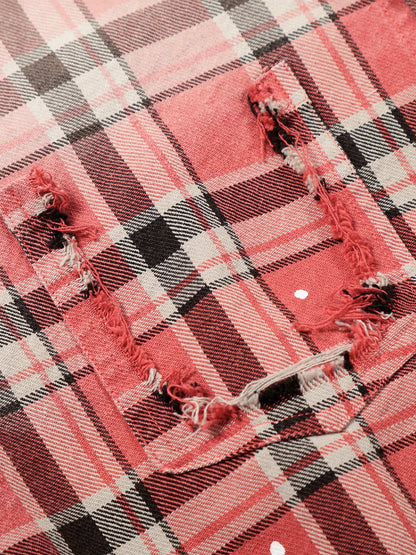 Paint Splatter Plaid Frayed Hem Button Up Shirt 