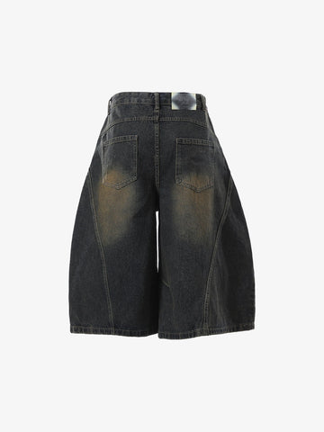 Curved Silhouette 3D Paneled Denim Shorts 